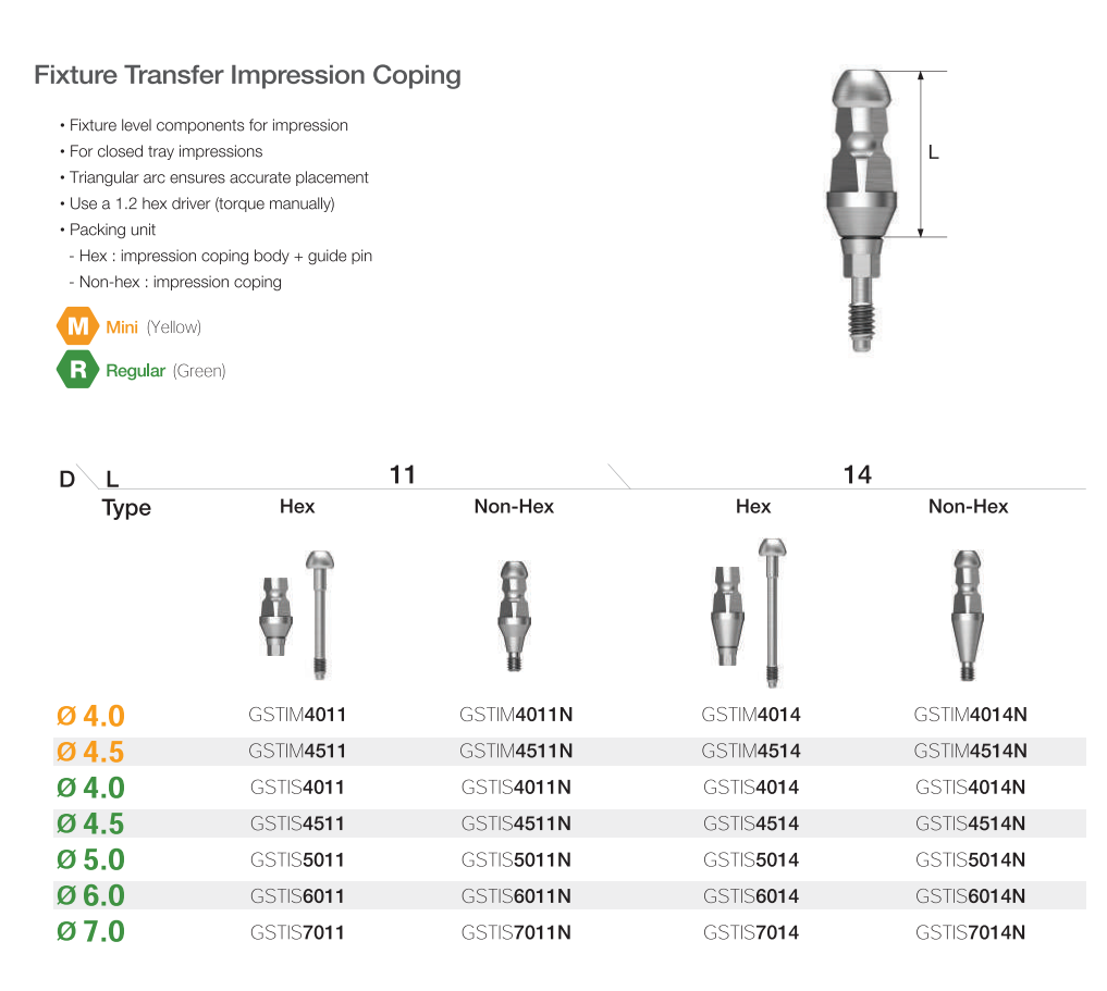 IMPLANT - FIXTURE TRANSFER IMPRESSION COPING (OSSTEM) -SHORT 11MM, DIAMETER VARIES