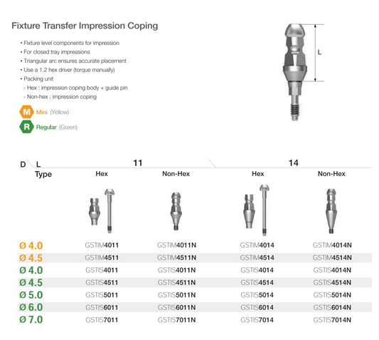 IMPLANT - FIXTURE TRANSFER IMPRESSION COPING (OSSTEM) -LONG 14MM, DIAMETER VARIES